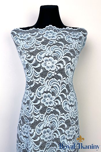 Elastyczna koronka sukienkowa bluzkowa w kwiaty z brzegiem NIEBIESKA