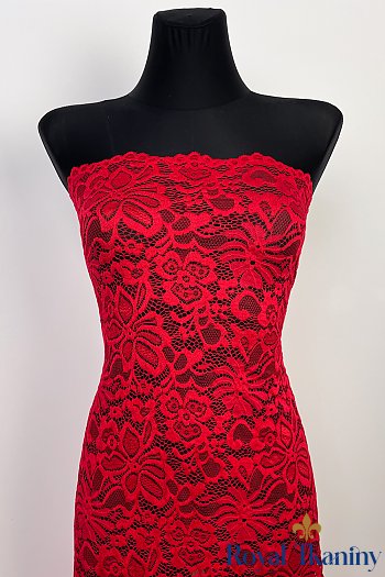Elastyczna koronka sukienkowa bluzkowa w kwiaty z brzegiem czerwona