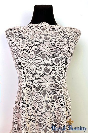 Elastyczna koronka sukienkowa bluzkowa w kwiaty z brzegiem beżowa