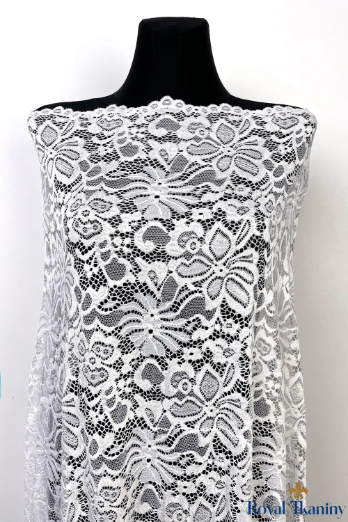 Elastyczna koronka sukienkowa bluzkowa w kwiaty z brzegiem ECRU